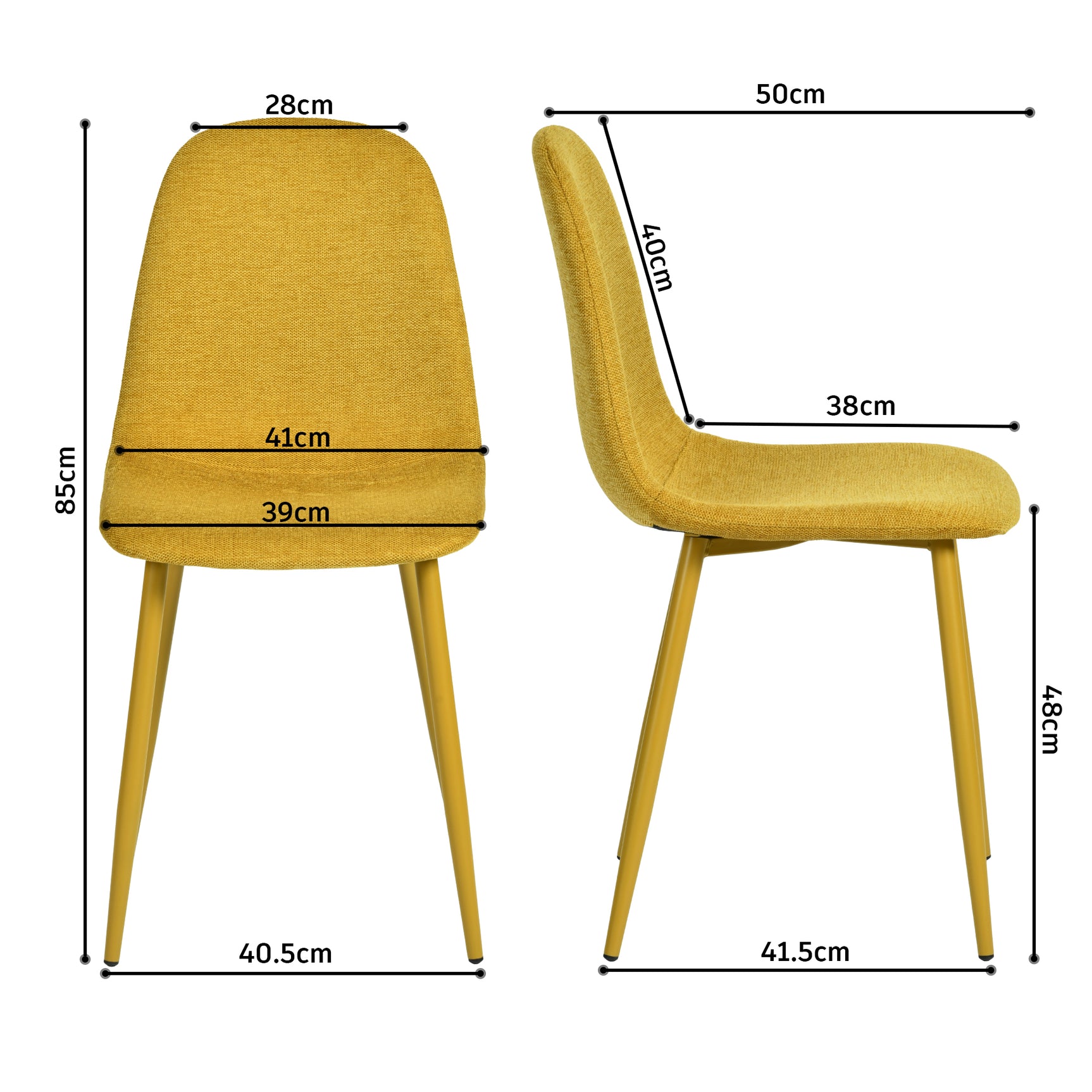 Lot de 8 chaises de salle à manger en tissu jaune doux, chaises de détente avec dossier et pieds métalliques assortis scandinave - CHARLTON