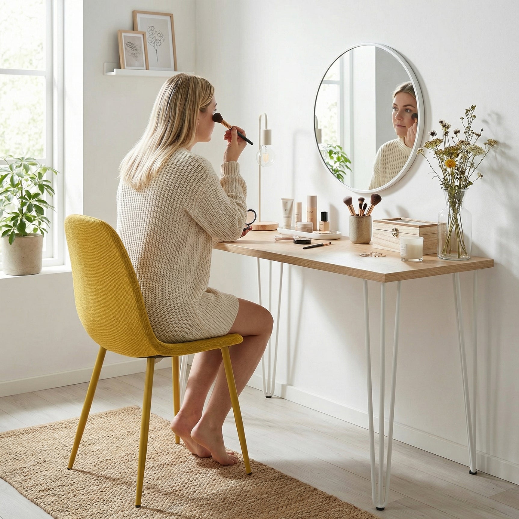 Lot de 8 chaises de salle à manger en tissu jaune doux, chaises de détente avec dossier et pieds métalliques assortis scandinave - CHARLTON
