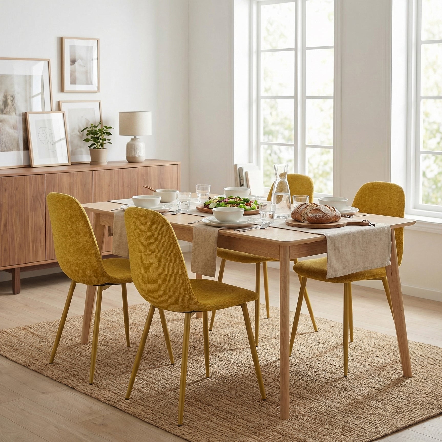Lot de 4 chaises de salle à manger en tissu jaune doux, chaises de détente avec dossier et pieds métalliques assortis scandinave - CHARLTON