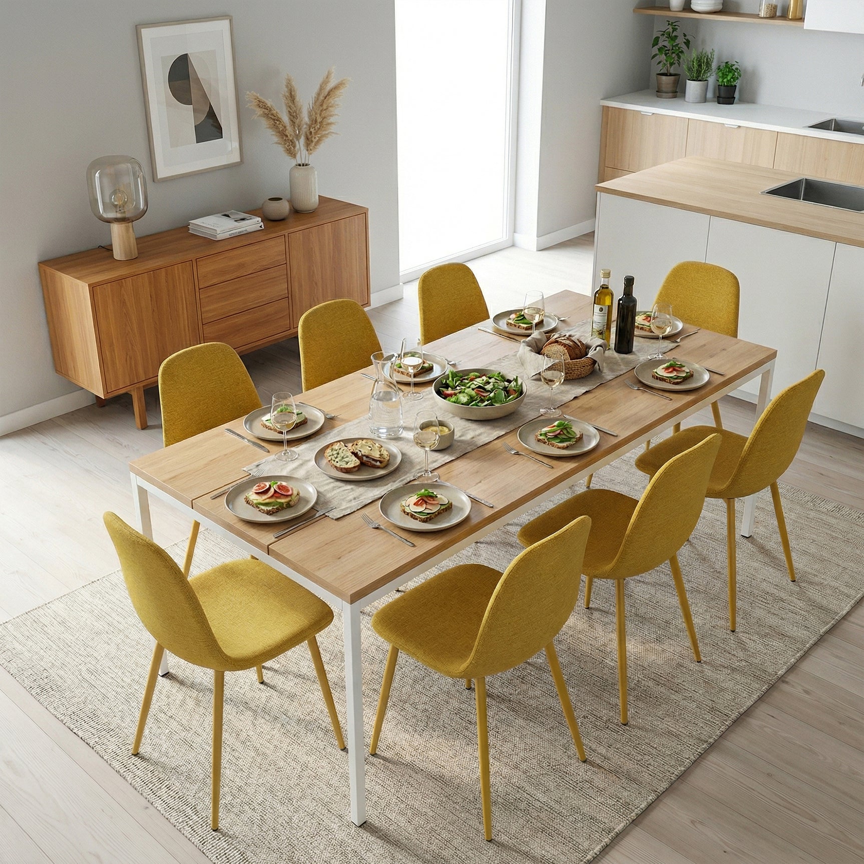 Lot de 8 chaises de salle à manger en tissu jaune doux, chaises de détente avec dossier et pieds métalliques assortis scandinave - CHARLTON