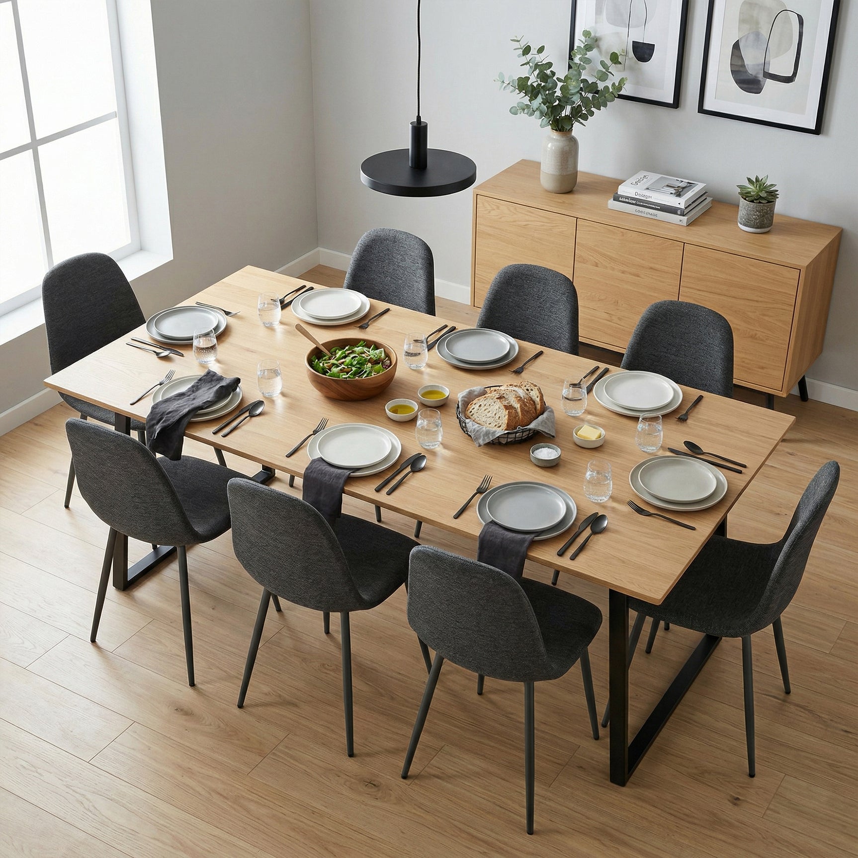 Lot de 8 chaises de salle à manger en tissu gris doux, chaises de détente avec dossier et pieds métalliques assortis scandinave - CHARLTON
