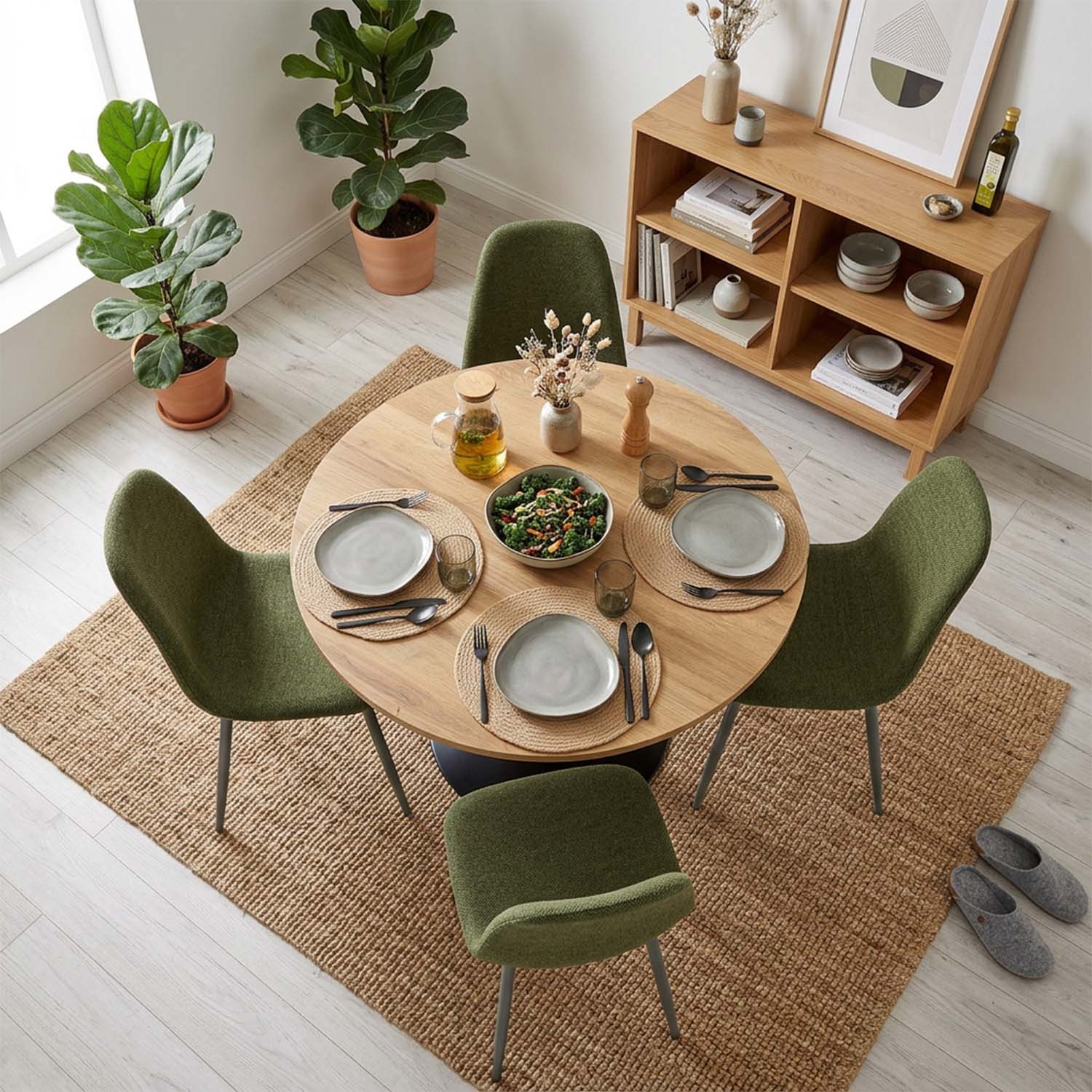 Round Table Table Table Table Timber Ø80 cm with 4 black velvet chairs, modern and comfortable style