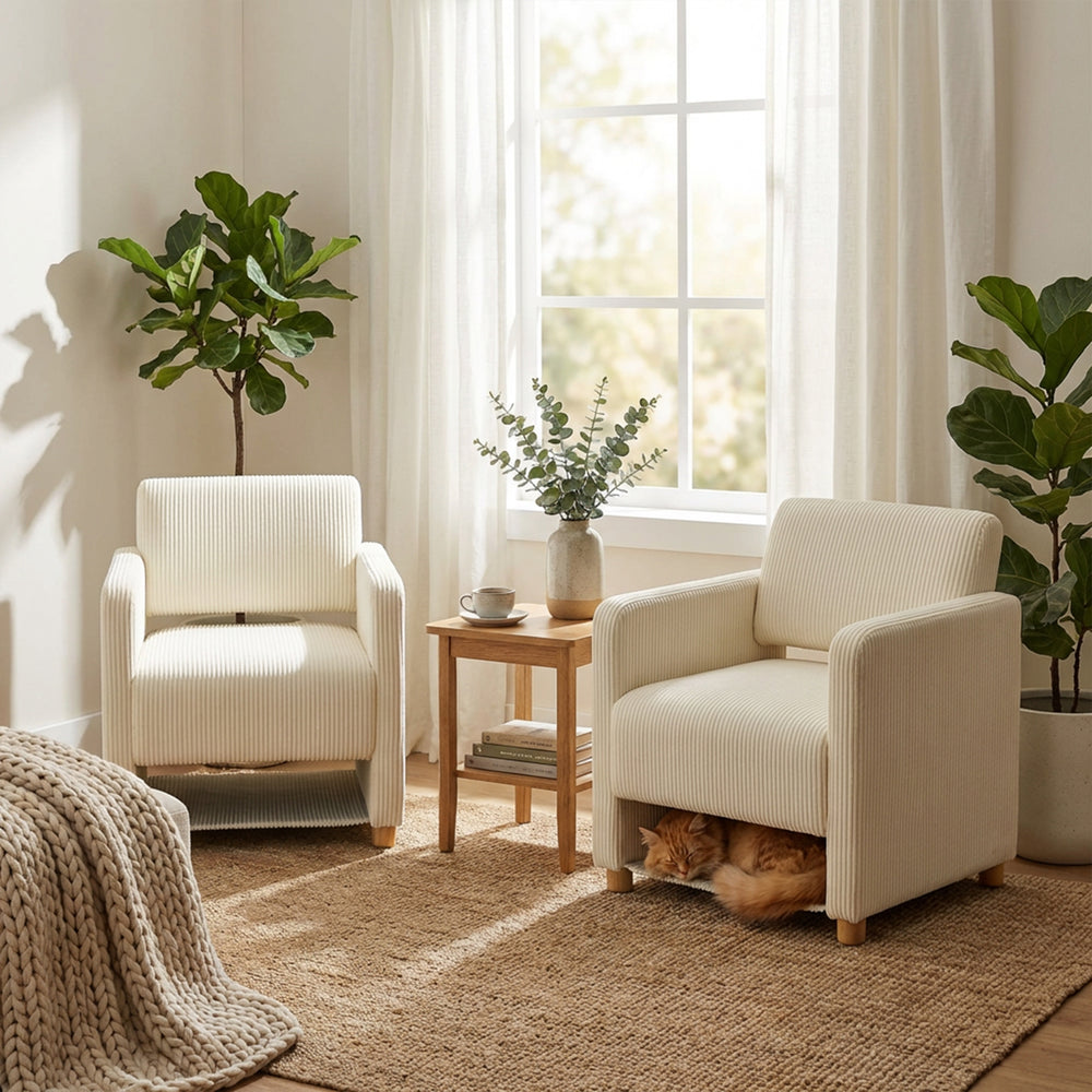 Loungesessel mit Armlehnen aus beigem Cord – DOMCO