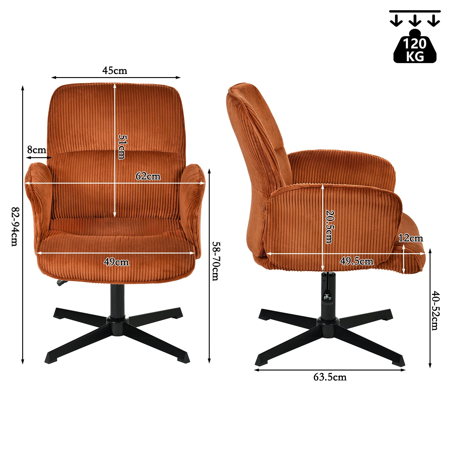 Fauteuil de bureau ergonomique pivotant et réglable avec accoudoirs en velours côtelé rouge - THOMASINA