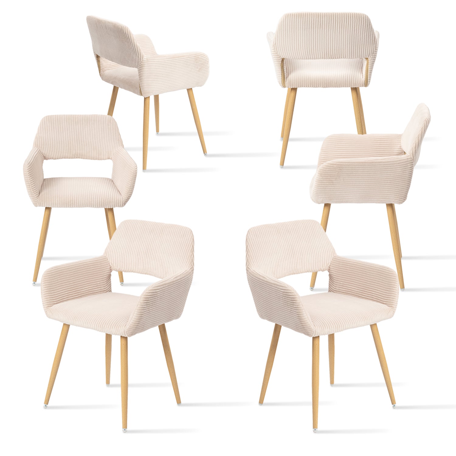 Conjunto de 6 sillones de comedor escandinavos con reposabrazos en pana beige - CROMWELL CORDUROY