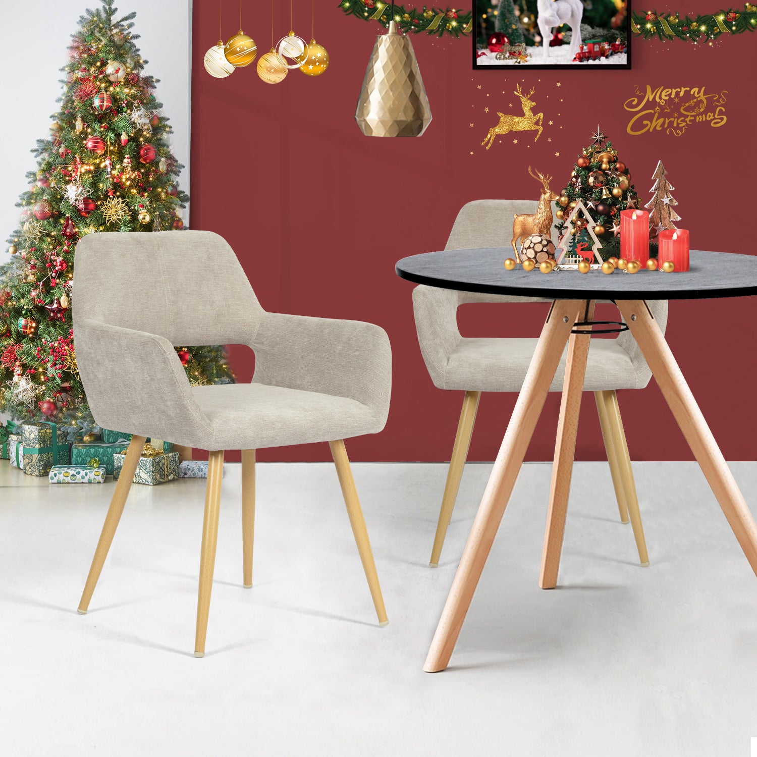 Lot de 2 fauteuils de salle à manger scandinaves avec accoudoirs en tissu beige - CROMWELL