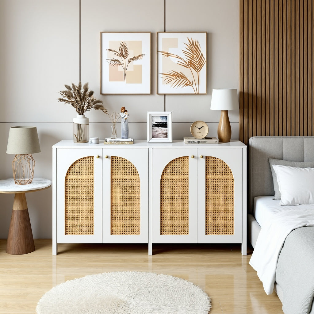 Buffet blanco moderno en MDF con 4 puertas de ratán y manijas de metal
