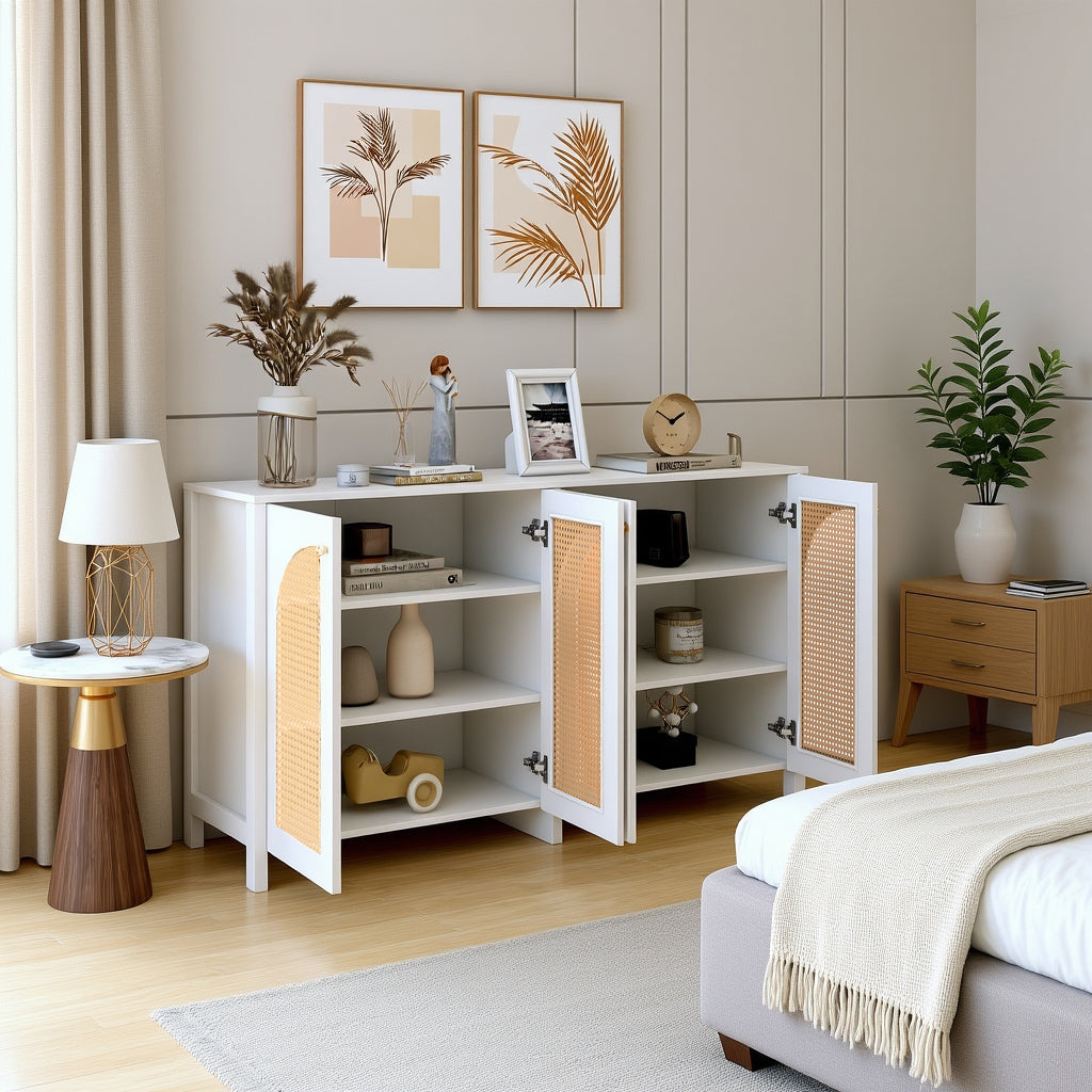Buffet blanco moderno en MDF con 4 puertas de ratán y manijas de metal