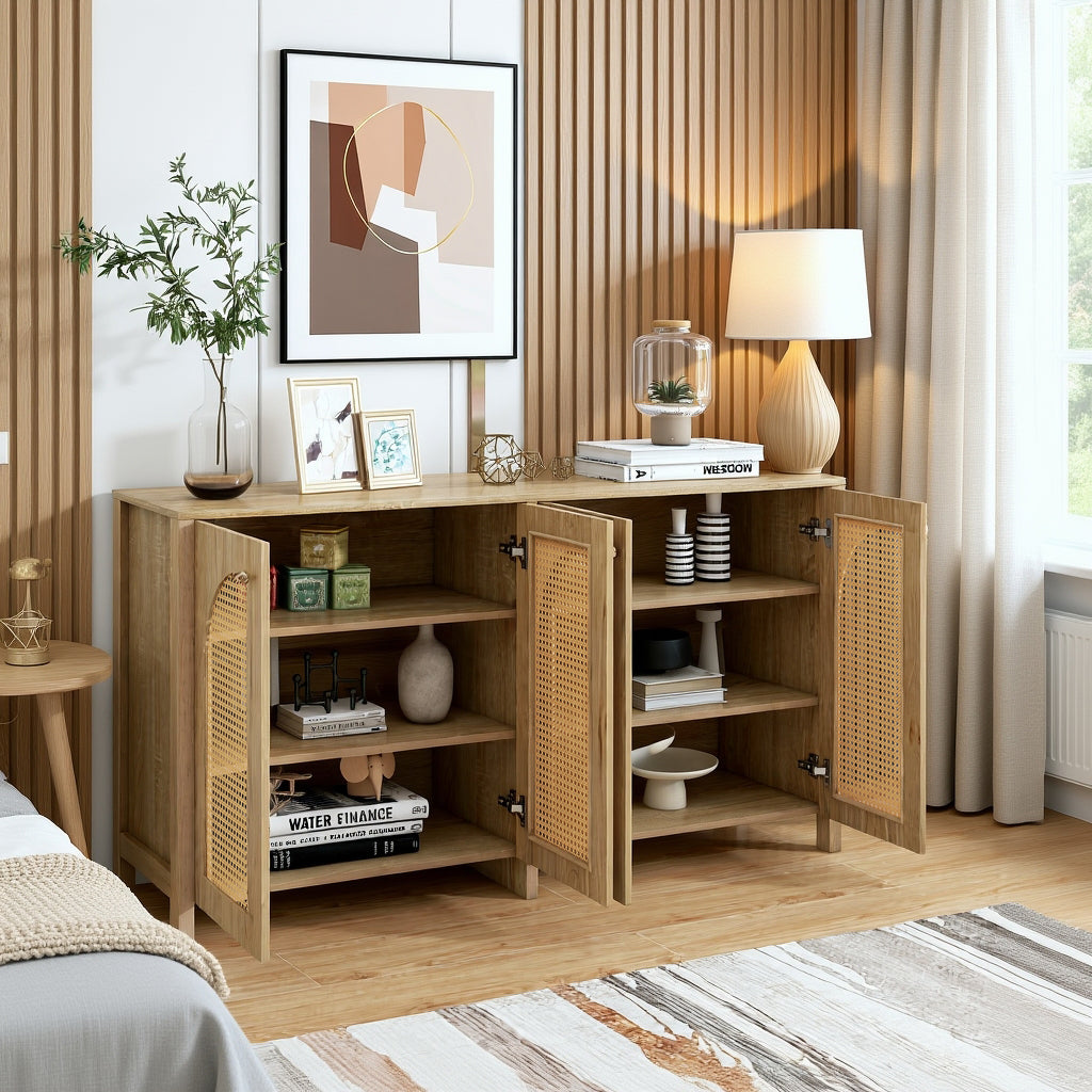 Moderne minimalistische natürliche Holzbuffet mit 4 Handetüren und Metallgriffen