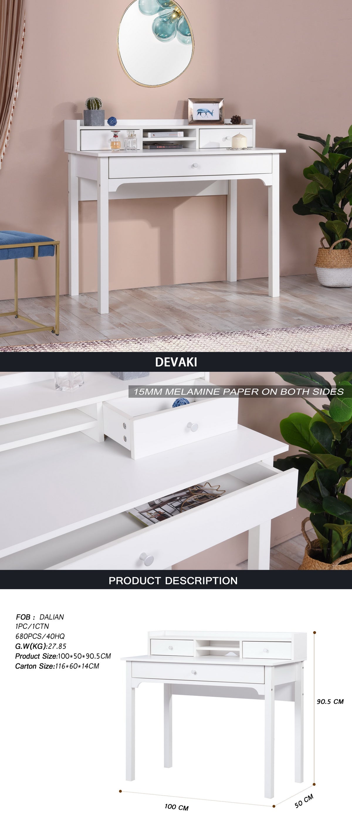 Table de coiffeuse/Bureau d'ordinateur en bois blanc avec rangement, 3 tiroirs et étagère - DEVAKI
