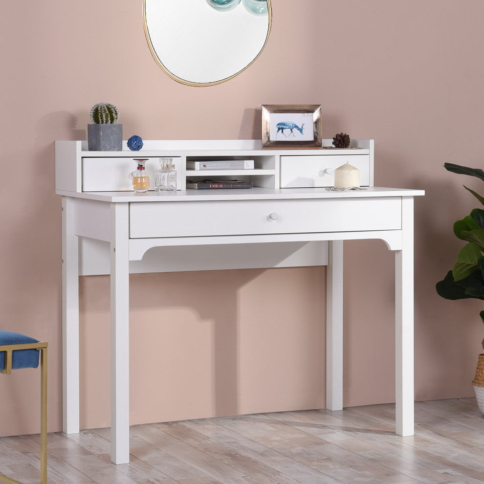 Table de coiffeuse/Bureau d'ordinateur en bois blanc avec rangement, 3 tiroirs et étagère - DEVAKI
