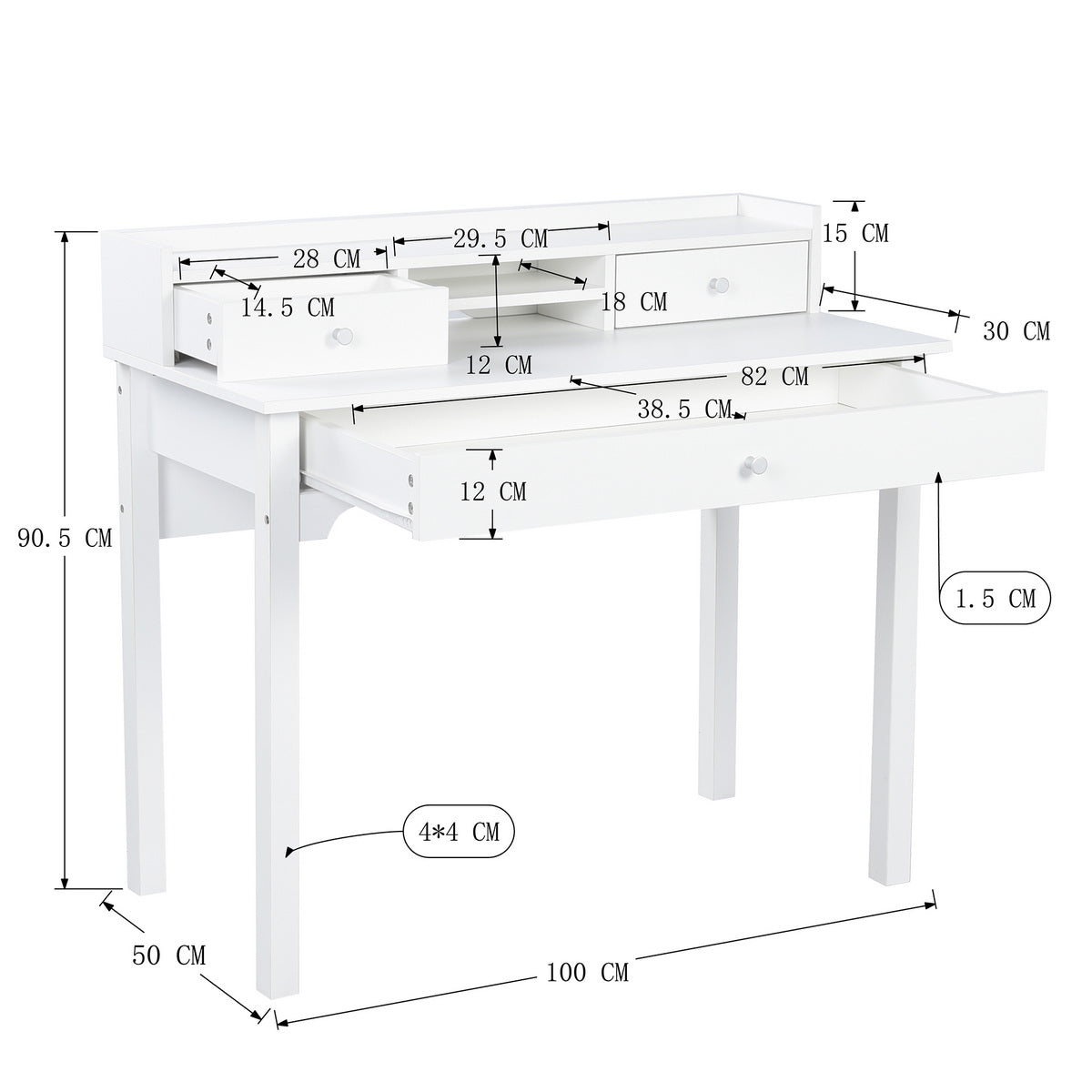 Table de coiffeuse/Bureau d'ordinateur en bois blanc avec rangement, 3 tiroirs et étagère - DEVAKI