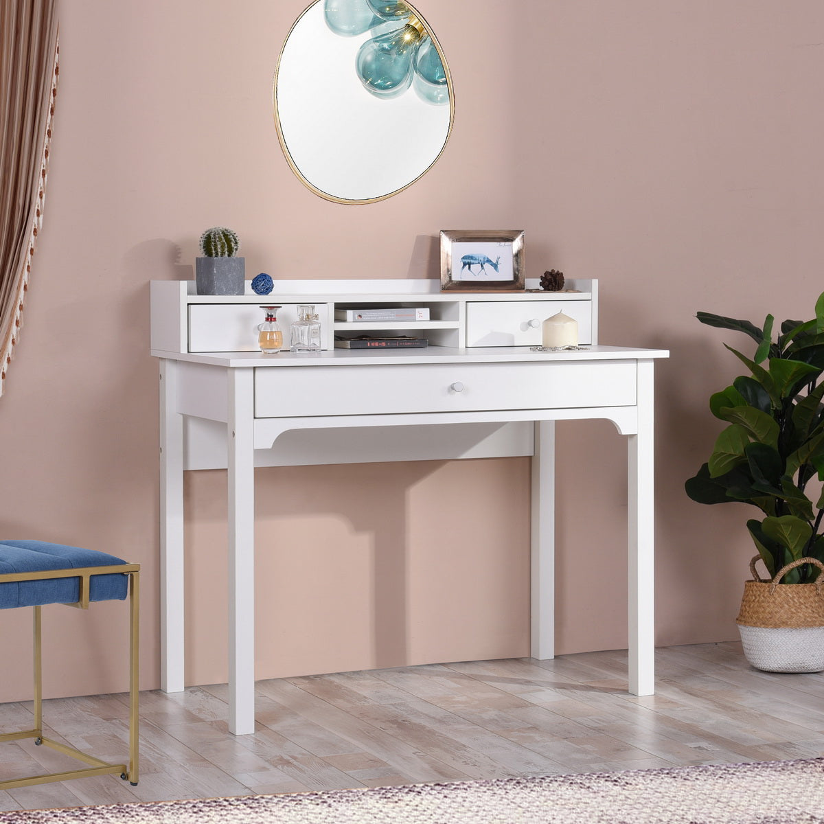 Table de coiffeuse/Bureau d'ordinateur en bois blanc avec rangement, 3 tiroirs et étagère - DEVAKI