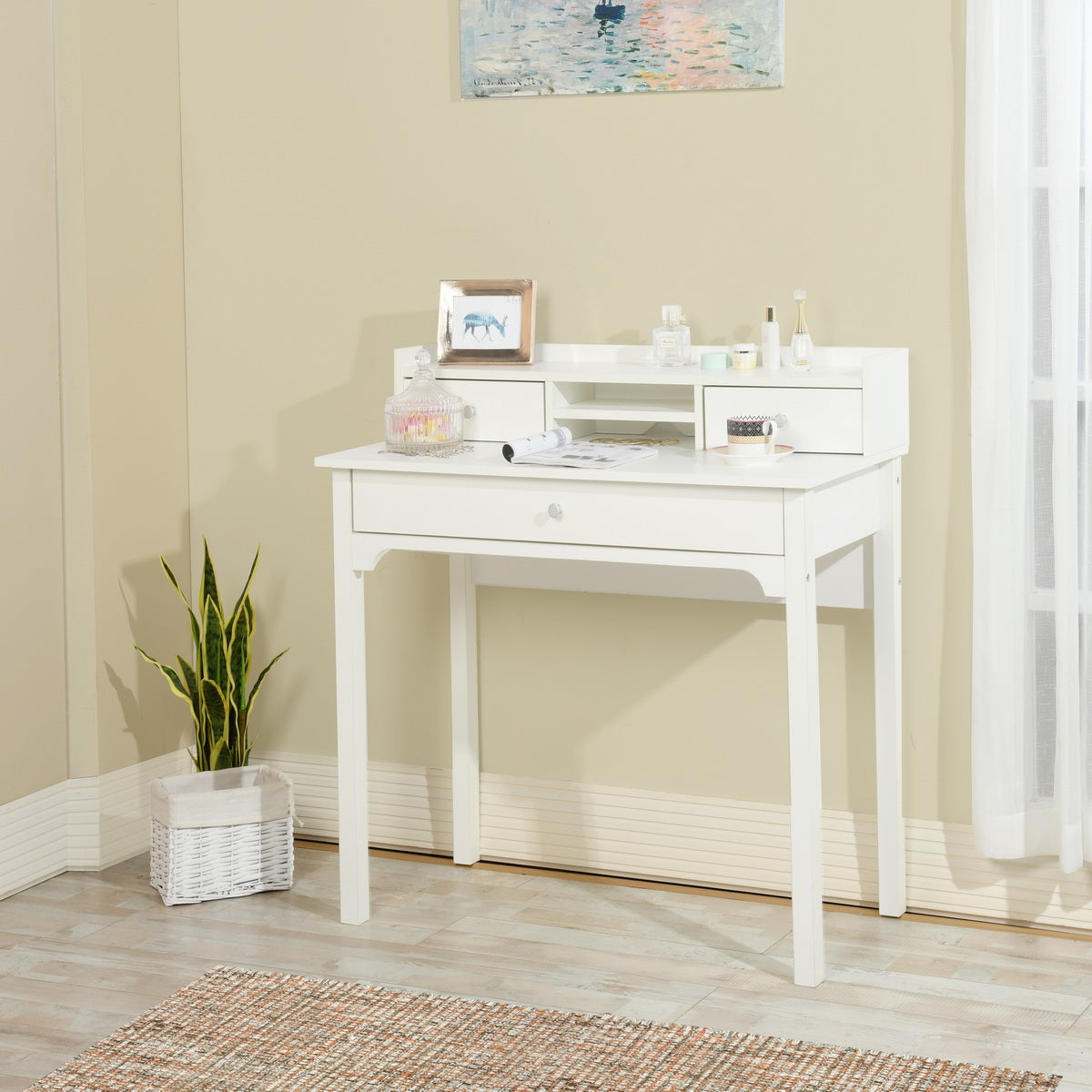 Table de coiffeuse/Bureau d'ordinateur en bois blanc avec rangement, 3 tiroirs et étagère - DEVAKI