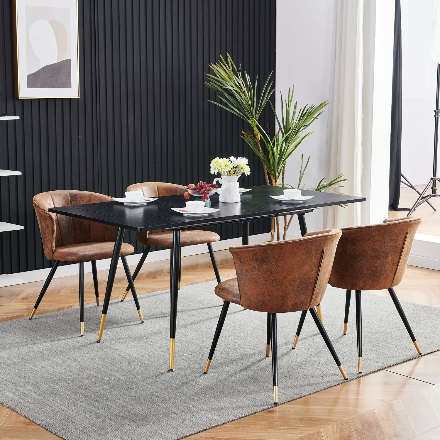 Set of 4 retro suede dining room chairs, black and gold metal legs, DONCIC SUEDE BROWN BG 4PCS
