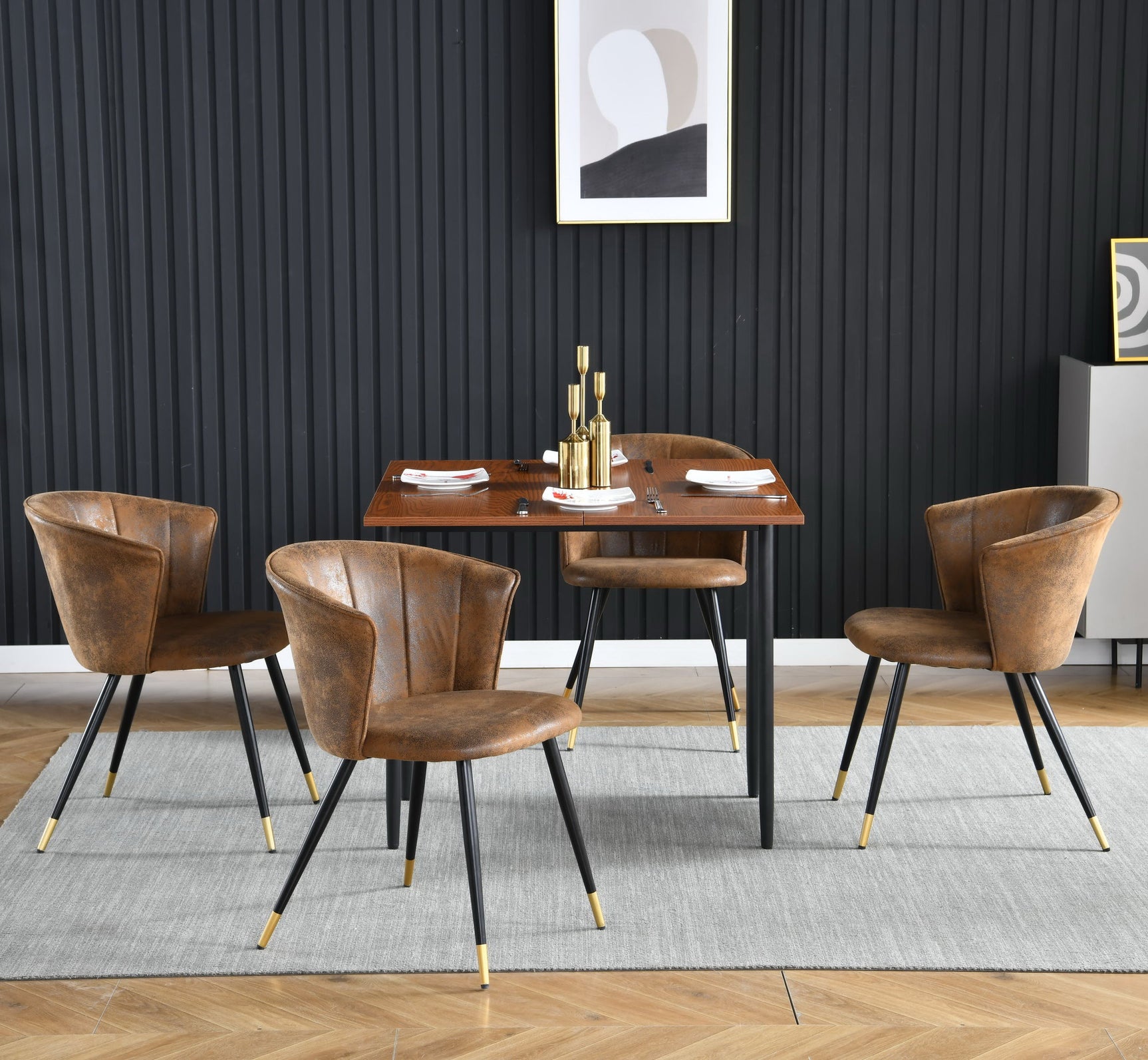 Set of 4 retro suede dining room chairs, black and gold metal legs, DONCIC SUEDE BROWN BG 4PCS