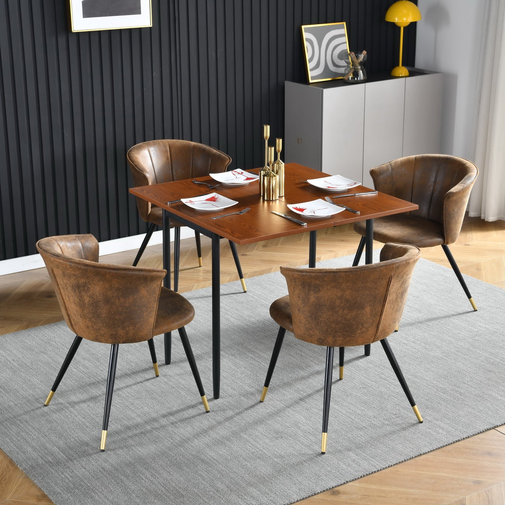 Set of 4 retro suede dining room chairs, black and gold metal legs, DONCIC SUEDE BROWN BG 4PCS