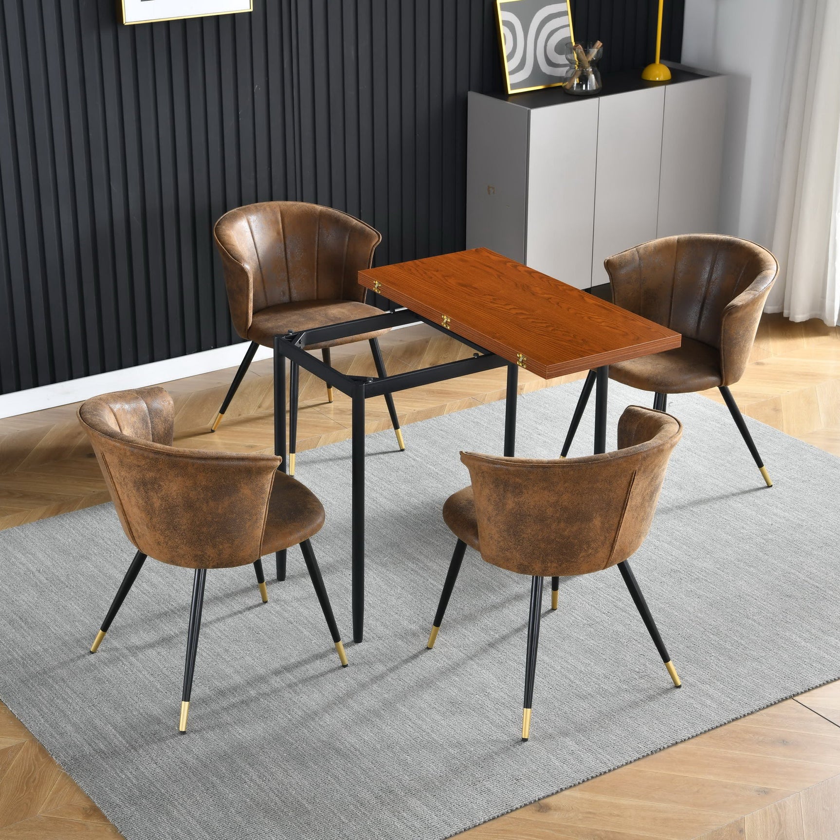 Set of 4 retro suede dining room chairs, black and gold metal legs, DONCIC SUEDE BROWN BG 4PCS