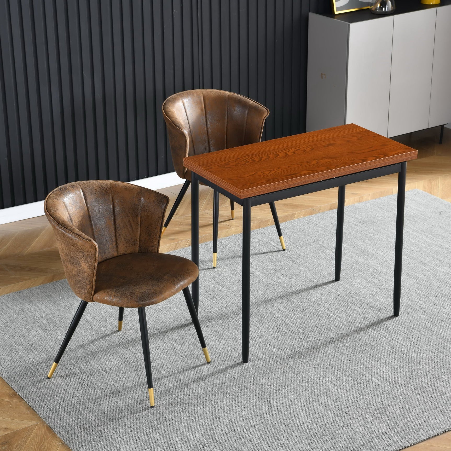 Set of 4 retro suede dining room chairs, black and gold metal legs, DONCIC SUEDE BROWN BG 4PCS