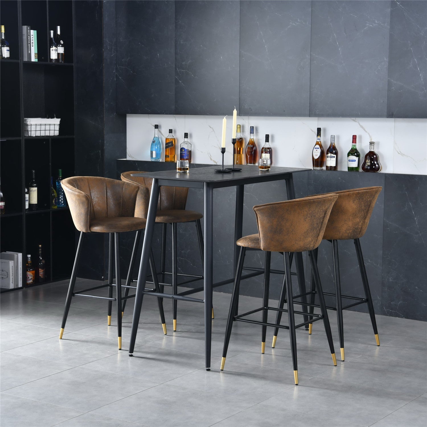 Set mit 6 industriellen Barhockern mit Armlehnen und Wildlederrücken – DONCIC BAR
