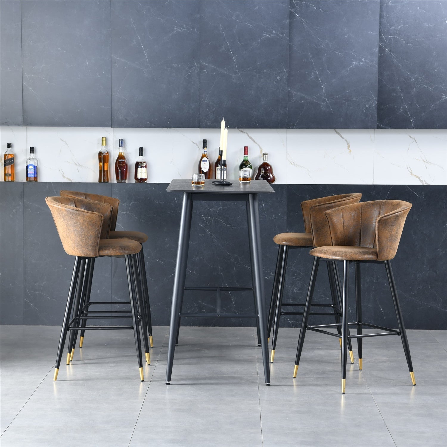 Set mit 6 industriellen Barhockern mit Armlehnen und Wildlederrücken – DONCIC BAR