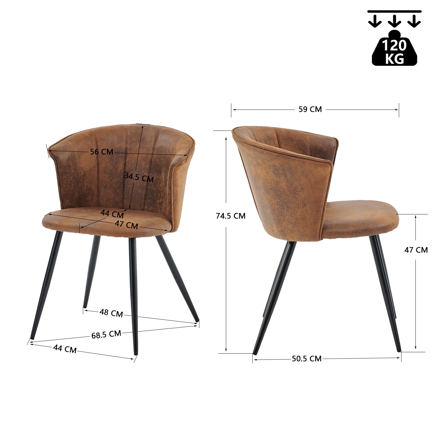 Ensemble de salle à manger de style vintage composé d'une table ronde en chêne et de 2 fauteuils en suédine marron