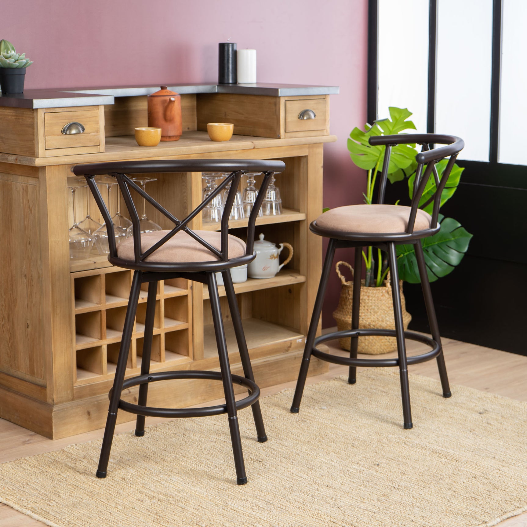 Set von 2 drehenden Industriestangenhocker mit brauner Stoffdatei - Hailey 24