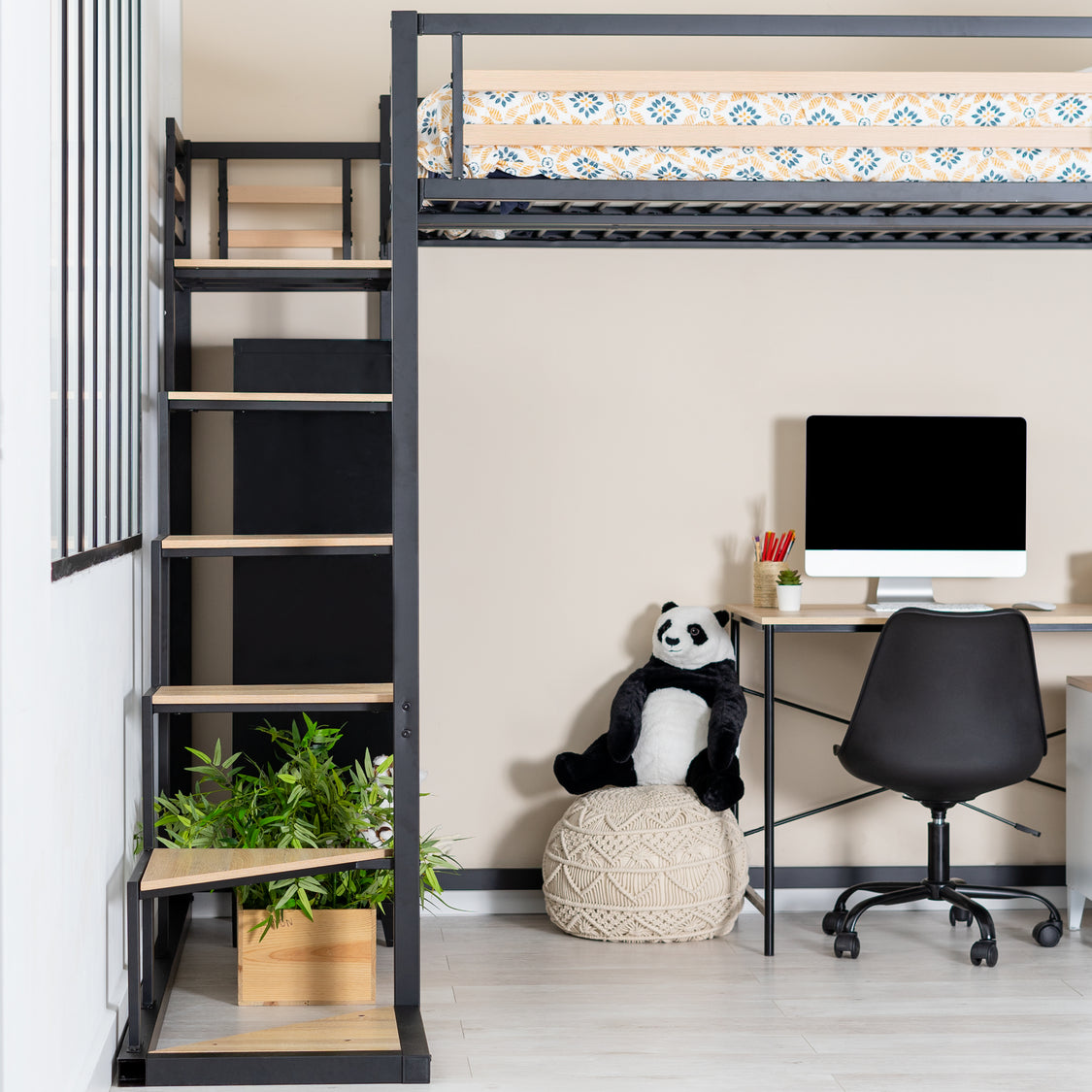 Lit Mezzanine Double 140x200cm Avec Escalier Et Rangement - Cadre Métallique Noir - Hauteur Totale ~251cm (Sans Matelas)