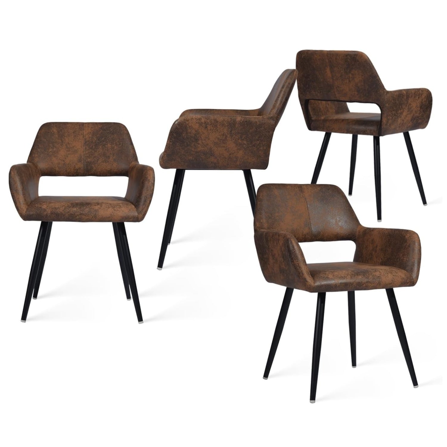 Conjunto de 4 sillones de comedor industriales con reposabrazos de ante - CROMWELL