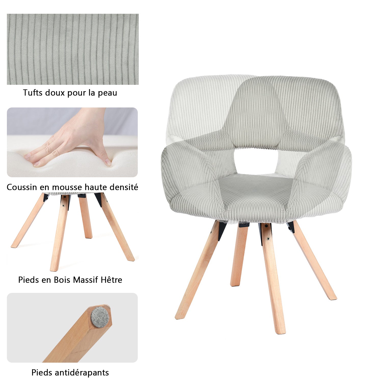 Lot de 6 fauteuils de salle à manger scandinaves pivotantes en velours côtelé gris avec accoudoirs - CROMWELL MID