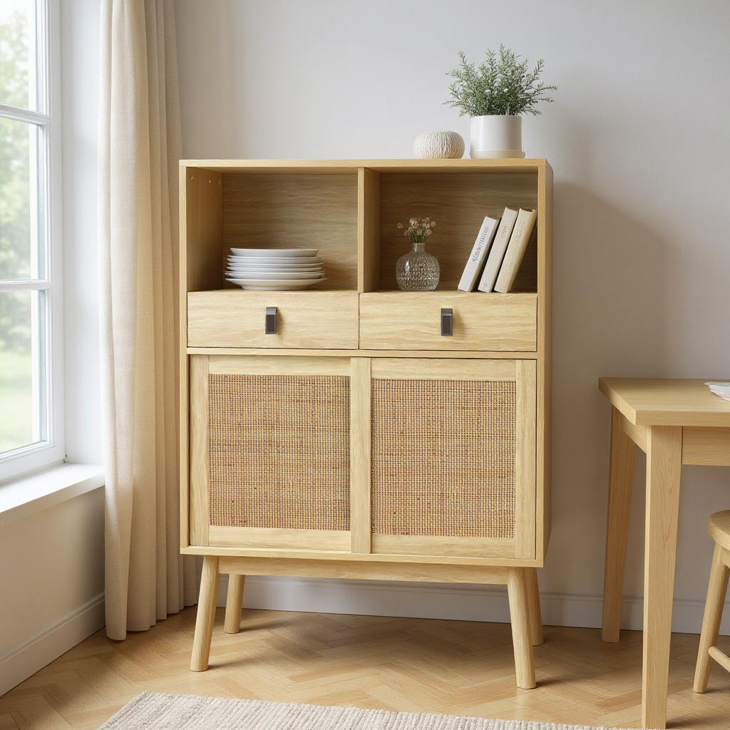 Modernes Holzbuffet mit hohem hochstilem Stil mit natürlichen Rattan -Türen, 2 Schubladen und 2 offenen Nischen - 80x39.5x120 cm
