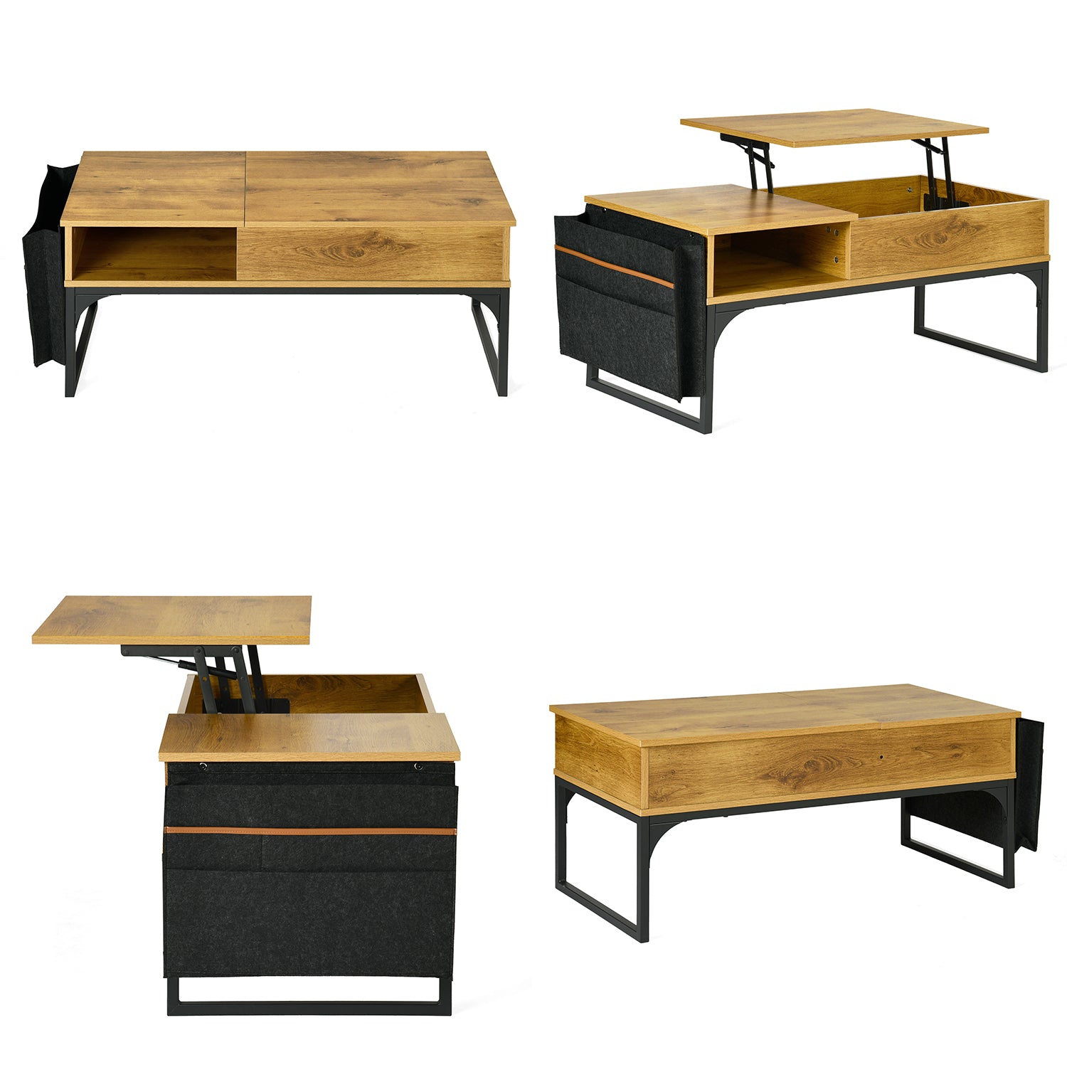 Mesa de café elevable de estilo industrial con almacenamiento oculto, elevación y bolsillo lateral, madera de roble y black metal - Zola
