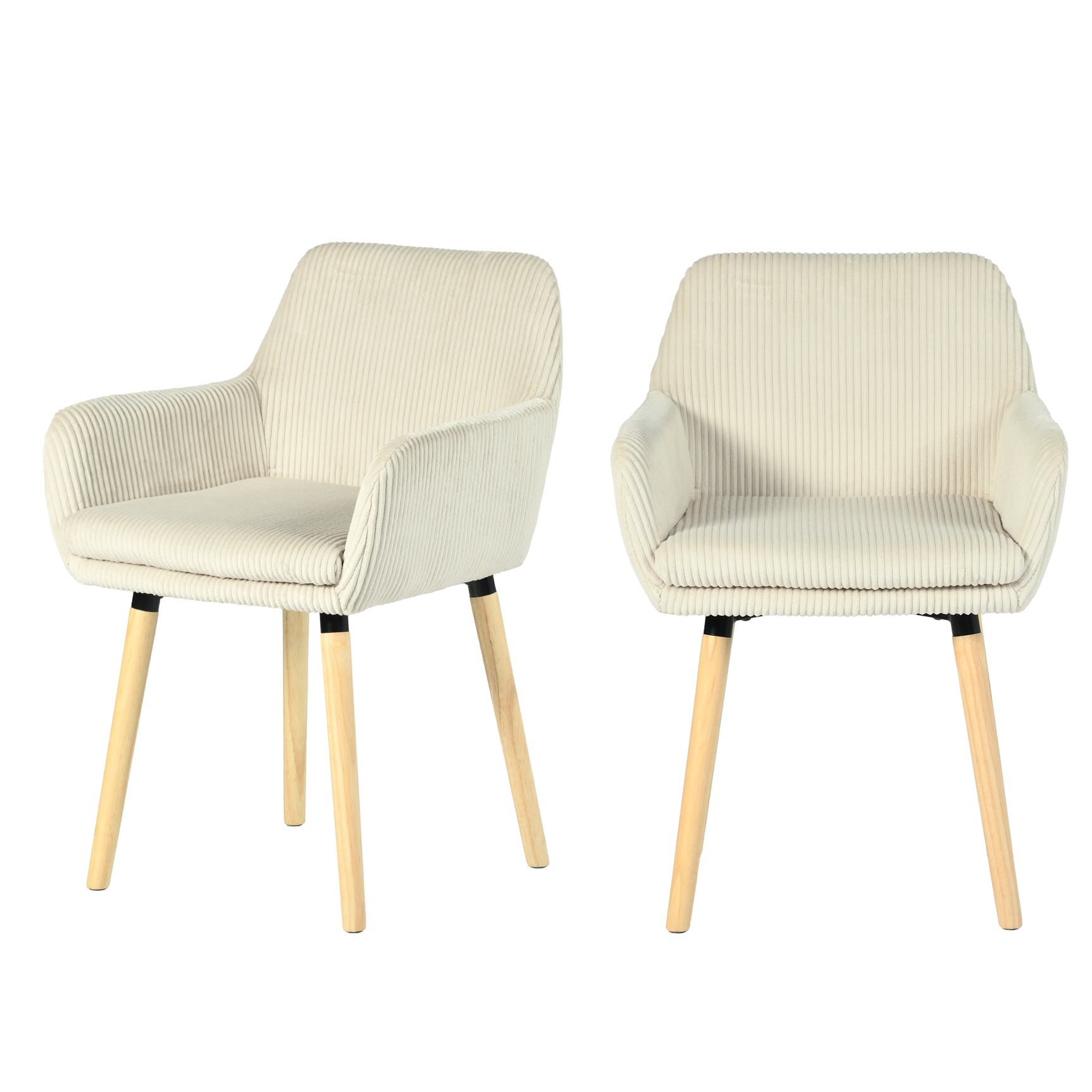 Lot de 2 chaises de salle à manger de style scandinave avec pieds en bois et accoudoirs en velours côtelé beige - ELIA