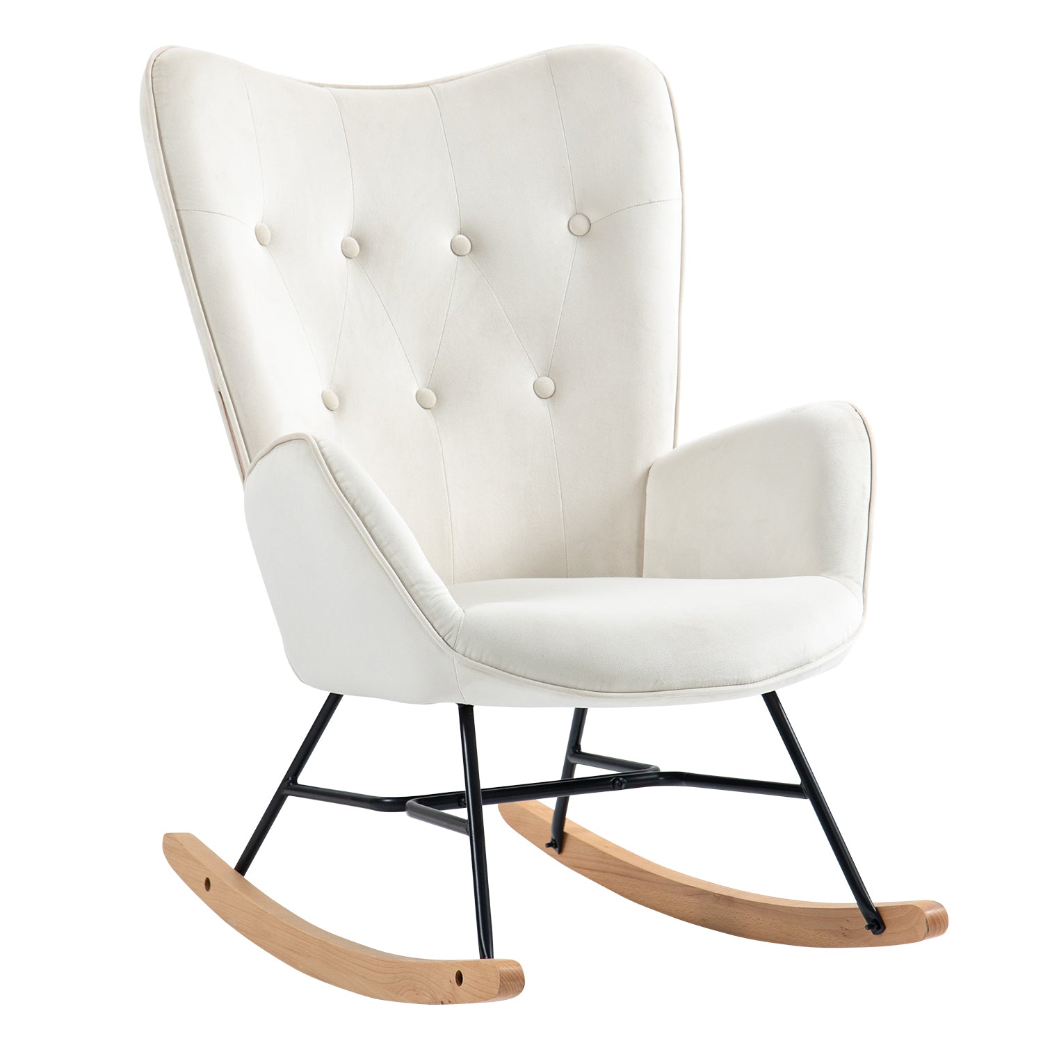 Comoda sedia a dondolo scandinava per allattamento in velluto beige imbottito - EPPING BEIGE
