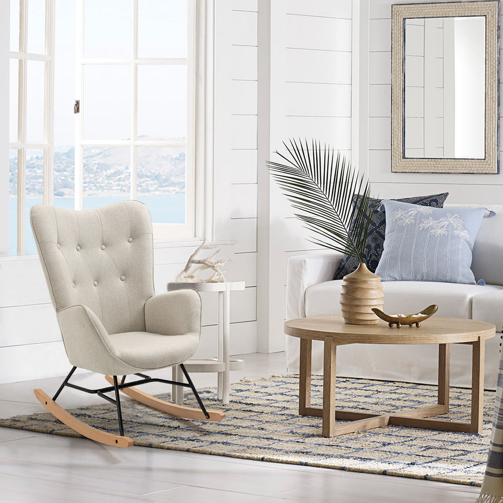 Fauteuil à bascule allaitement scandinave avec accoudoirs en tissu beige capitonné - EPPING