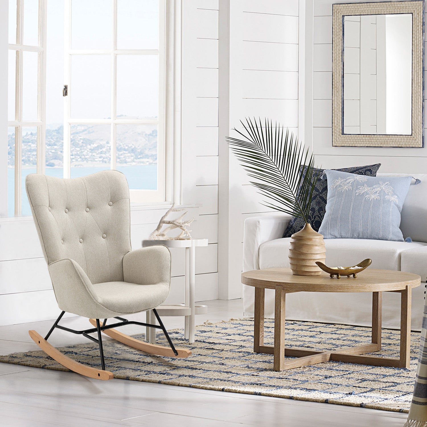 Fauteuil à bascule allaitement scandinave avec accoudoirs en tissu beige capitonné - EPPING