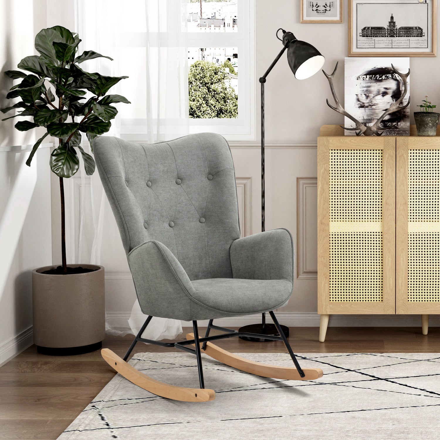 Fauteuil à bascule allaitement scandinave avec accoudoirs en tissu gris capitonné - EPPING