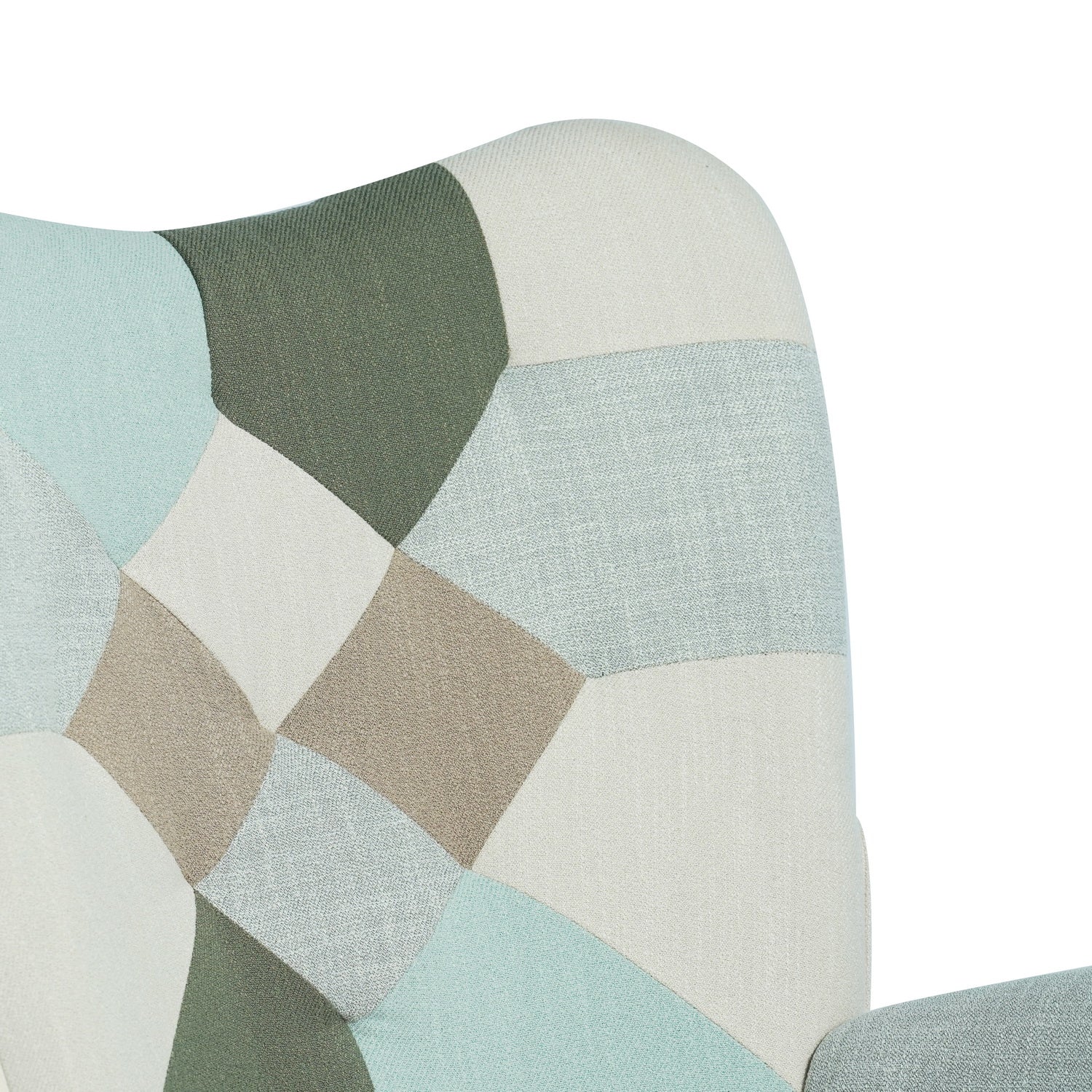 Fauteuil à bascule allaitement scandinave avec accoudoirs en tissu patchwork aqua capitonné - EPPING