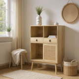 Modernes Holzbuffet mit hohem hochstilem Stil mit natürlichen Rattan -Türen, 2 Schubladen und 2 offenen Nischen - 80x39.5x120 cm
