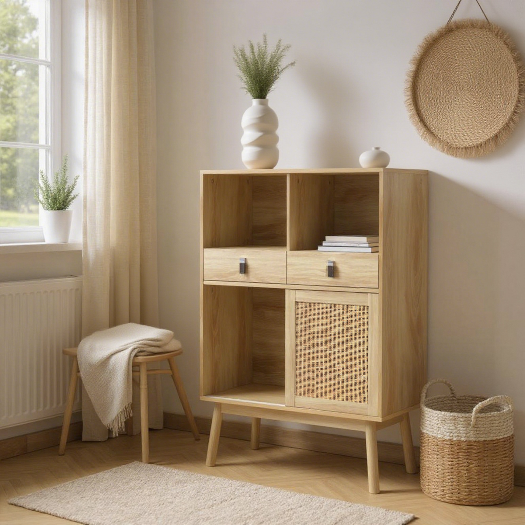 Modernes Holzbuffet mit hohem hochstilem Stil mit natürlichen Rattan -Türen, 2 Schubladen und 2 offenen Nischen - 80x39.5x120 cm