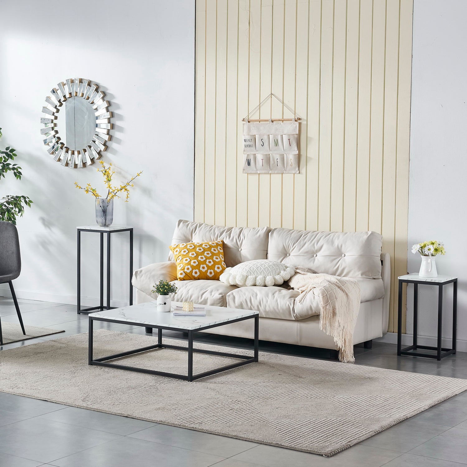 Table basse carrée style contemporain, plateau en bois effet marbre, structure en métal noir - FACTO