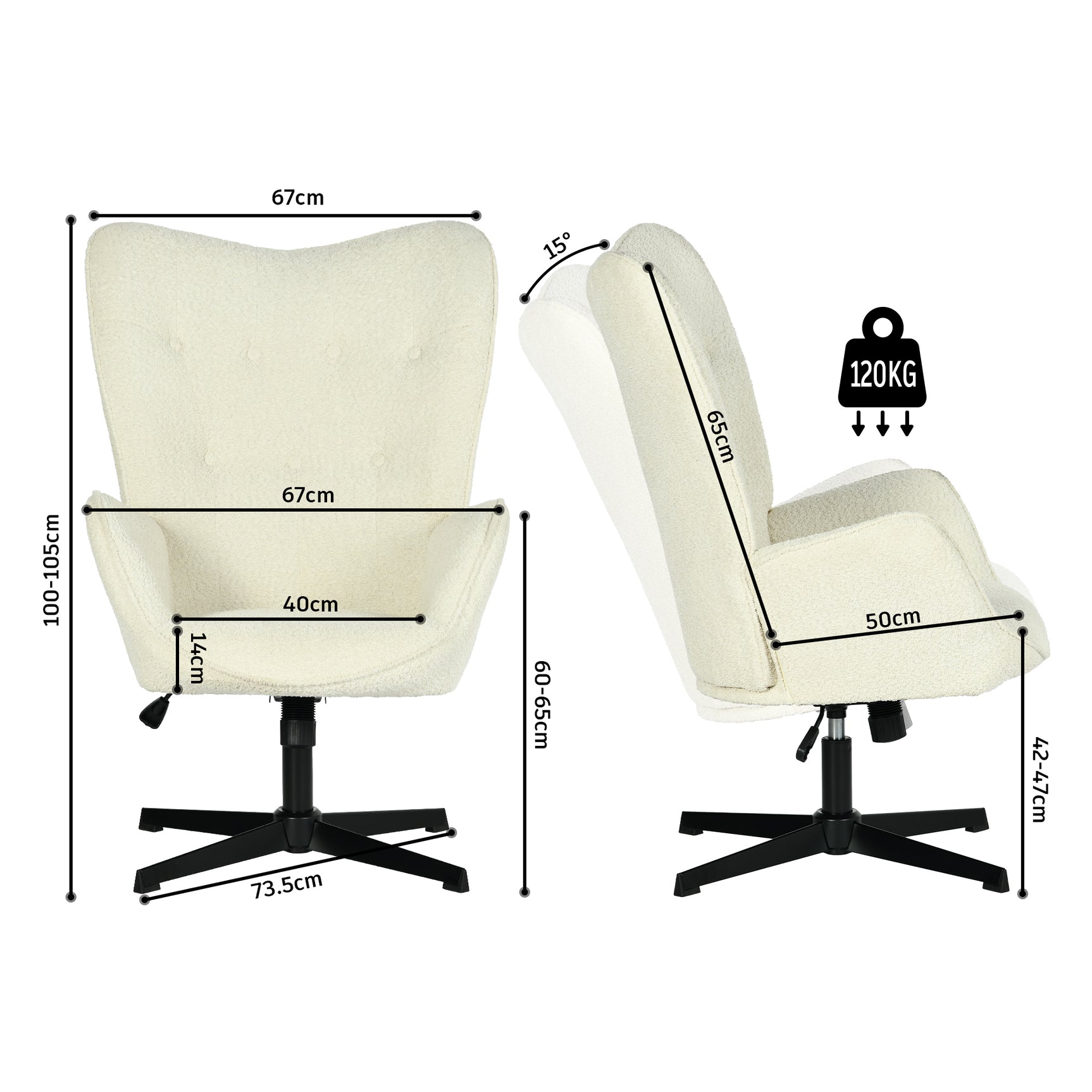 Fauteuil de bureau pivotant et réglable avec accoudoirs, fauteuil de salon inclinable en tissu chenille beige - FUCHS