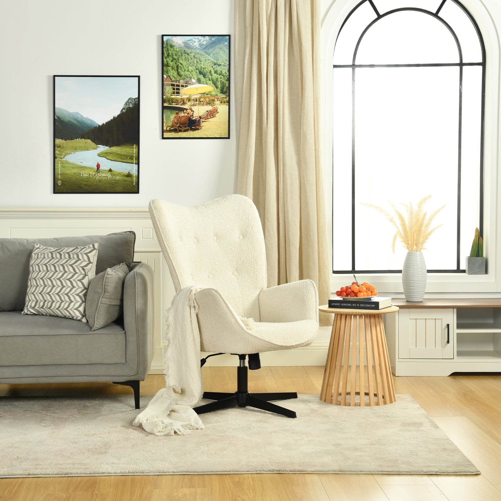 Fauteuil de bureau pivotant et réglable avec accoudoirs, fauteuil de salon inclinable en tissu chenille beige - FUCHS