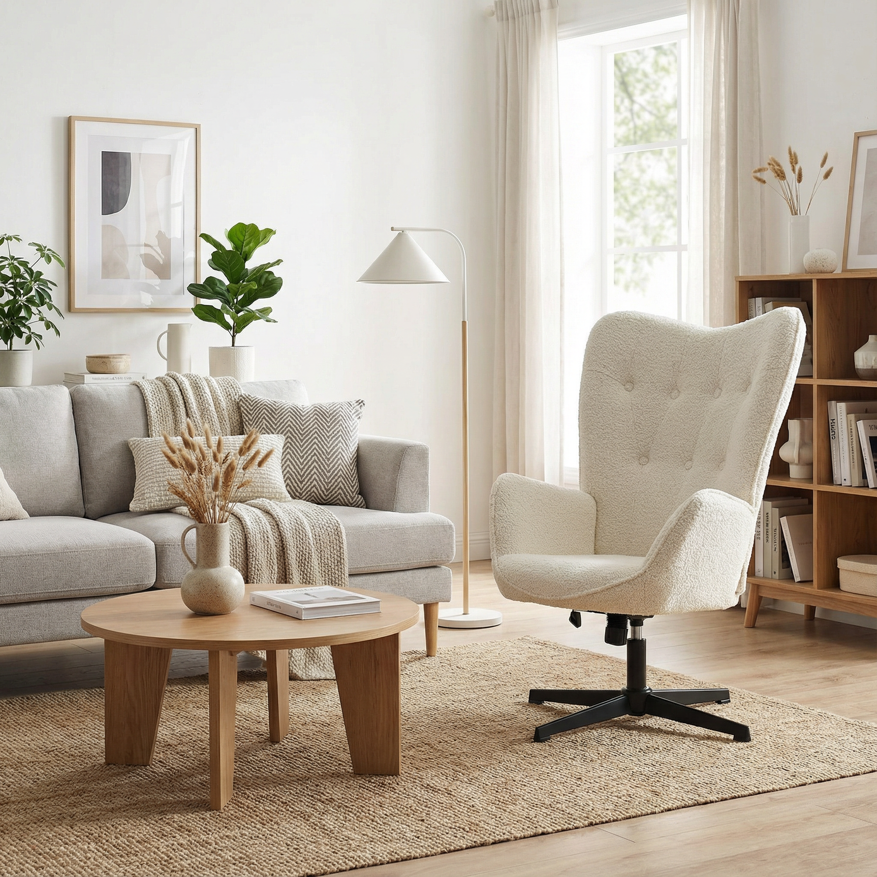 Fauteuil de bureau pivotant et réglable avec accoudoirs, fauteuil de salon inclinable en tissu chenille beige - FUCHS