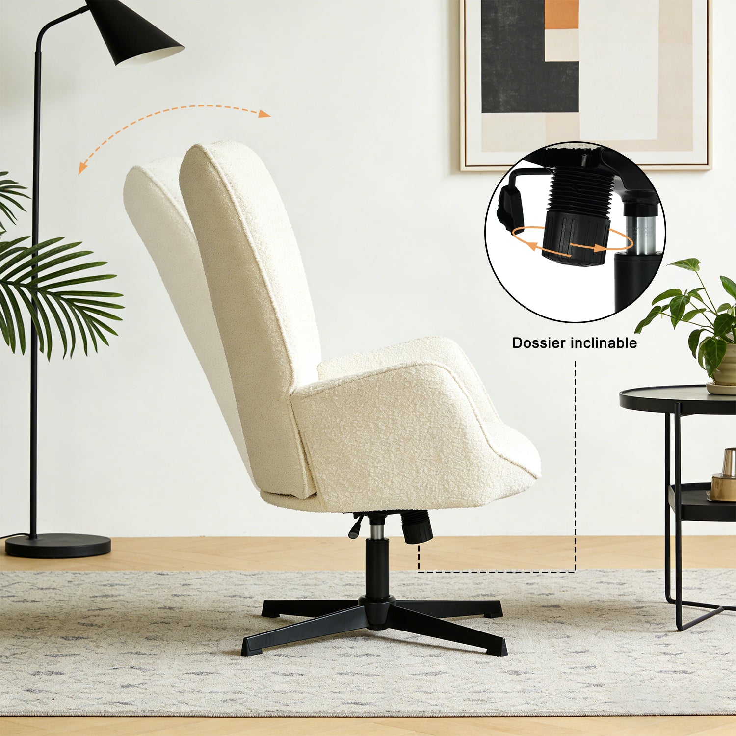Fauteuil de bureau pivotant et réglable avec accoudoirs, fauteuil de salon inclinable en tissu chenille beige - FUCHS