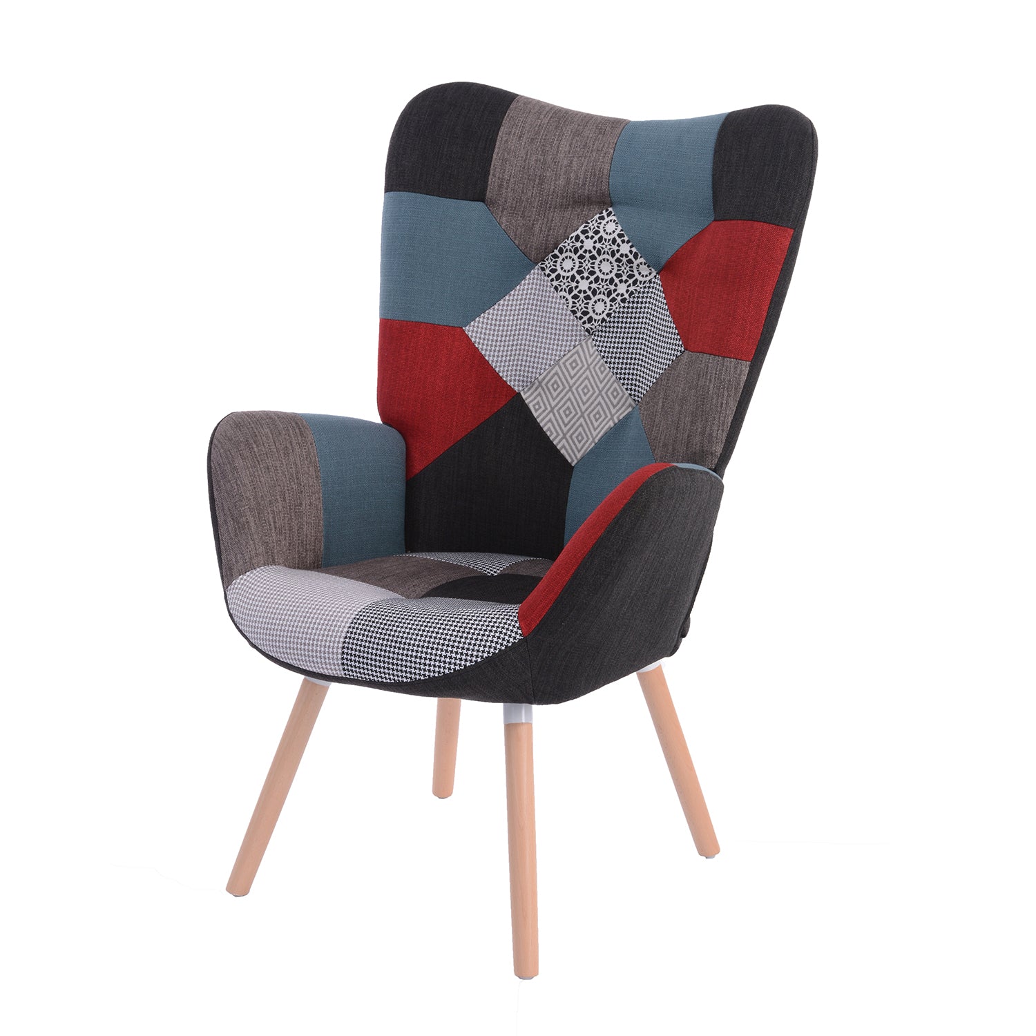 Chaise Scandinave Tissu Patchwork Rouge, pieds en Hêtre