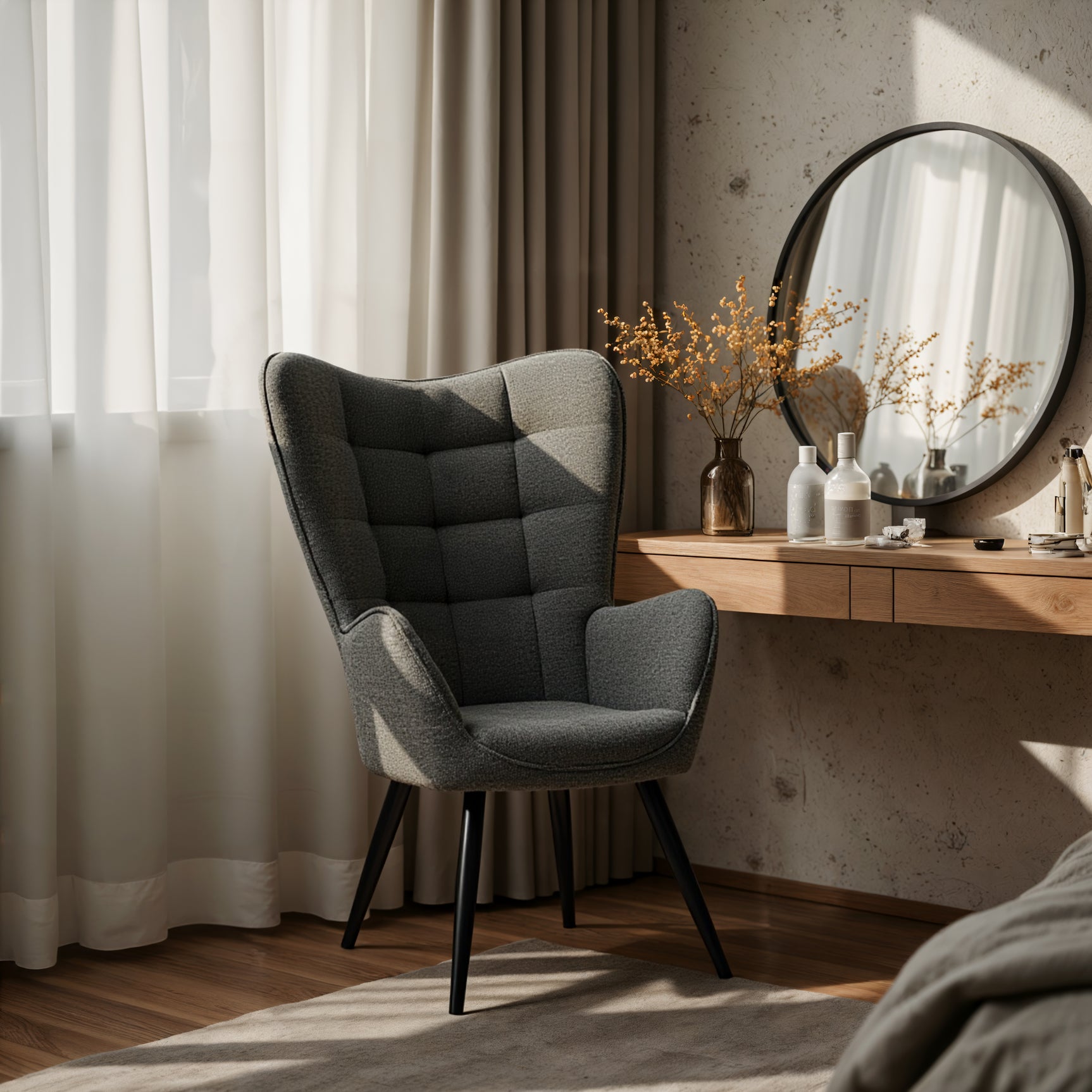 Fauteuil scandinave avec accoudoirs en tissu gris foncé à surpiqûres - FUNKEL