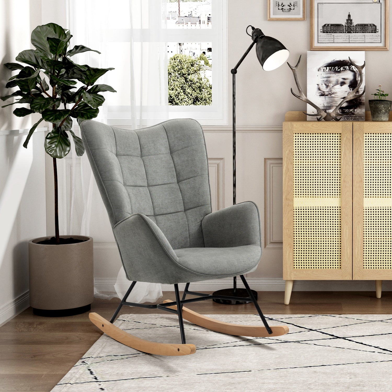 Fauteuil à bascule allaitement scandinave avec accoudoirs en tissu gris à surpiqûres - FUNKEL