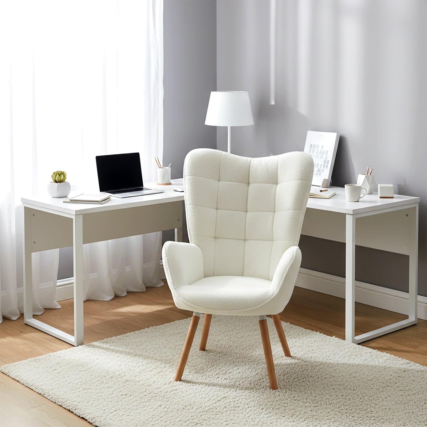 Fauteuil scandinave avec accoudoirs en tissu mouton bouclette beige à surpiqûres - FUNKEL