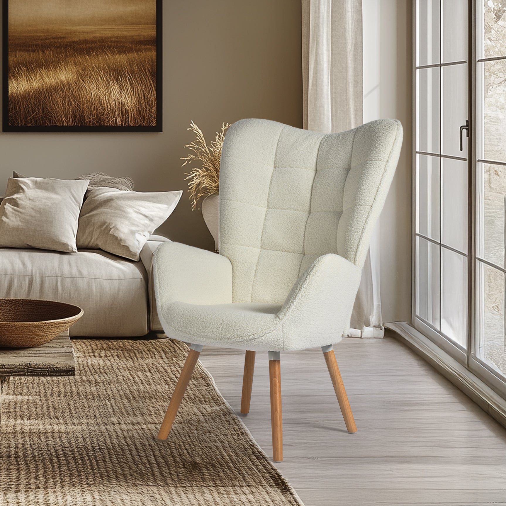 Fauteuil scandinave avec accoudoirs en tissu mouton bouclette beige à surpiqûres - FUNKEL